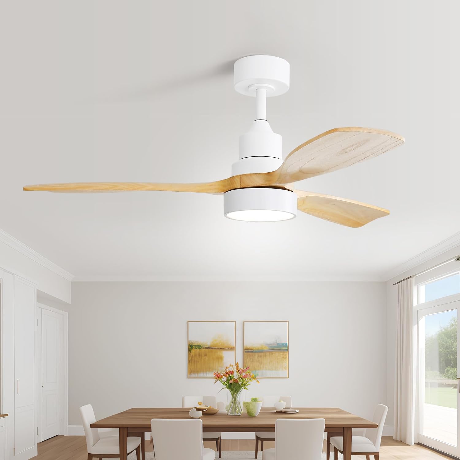 Sofucor 48 Inch Smart Ceiling Fan, Small Indoor/Outdoor Ceiling Fans with Lights and Remote, Work with Alexa/Google, Quiet DC Motor, 6 Speed, Solid Wood Ceiling Fans for Bedroom Living Room Patio