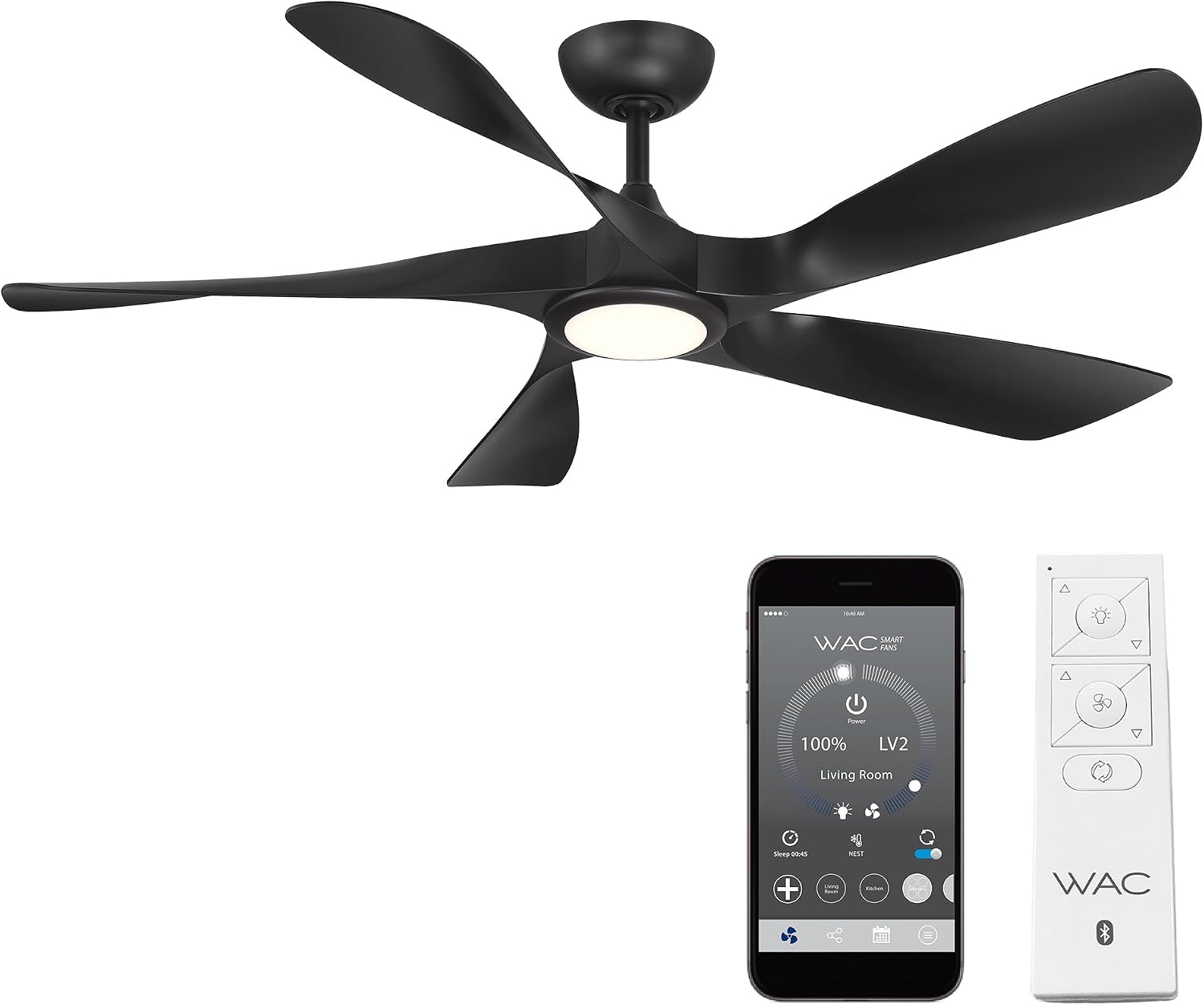 WAC Smart Fans Swirl Indoor and Outdoor 5-Blade Smart Home Ceiling Fan 54in Matte Black Adjustable CCT 2700-3000-4000-5000K LED Light Kit and Remote Control works with Alexa and iOS or Android App