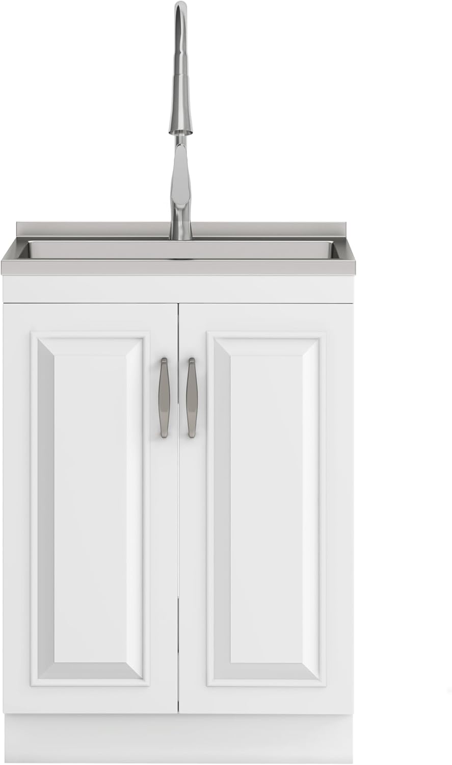 SIMPLIHOME Darwin All-in-One 24 inch Wide Utility Sink and Laundry Cabinet in Pure White Finish, Transitional Stainless Steel Sink Cabinet for Laundry Rooms with High-Arch Chrome Faucet and Storage