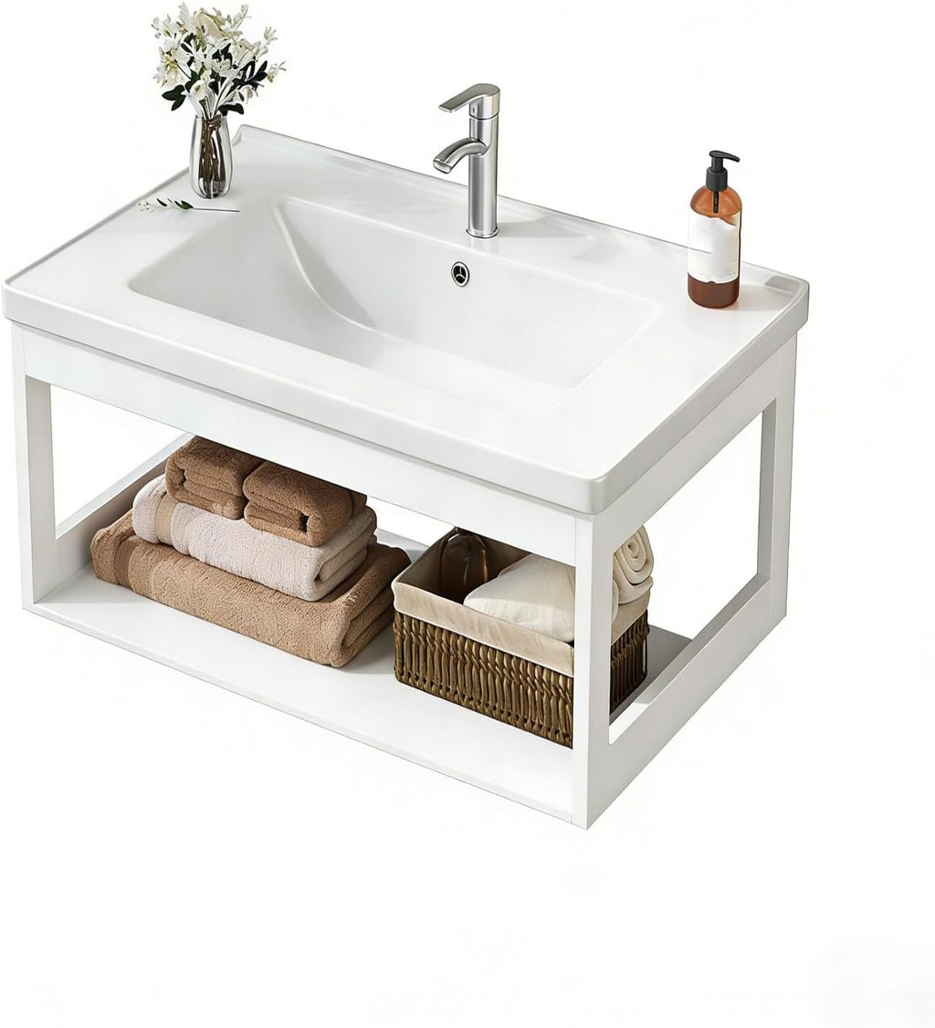 Modern Corner Bathroom Vanity，Easy-to-Clean Bathroom Sink Cabinet ，Floating Vanity Bathroom Vanity Open Shelf ，for Guest Baths Master Suites(31in)