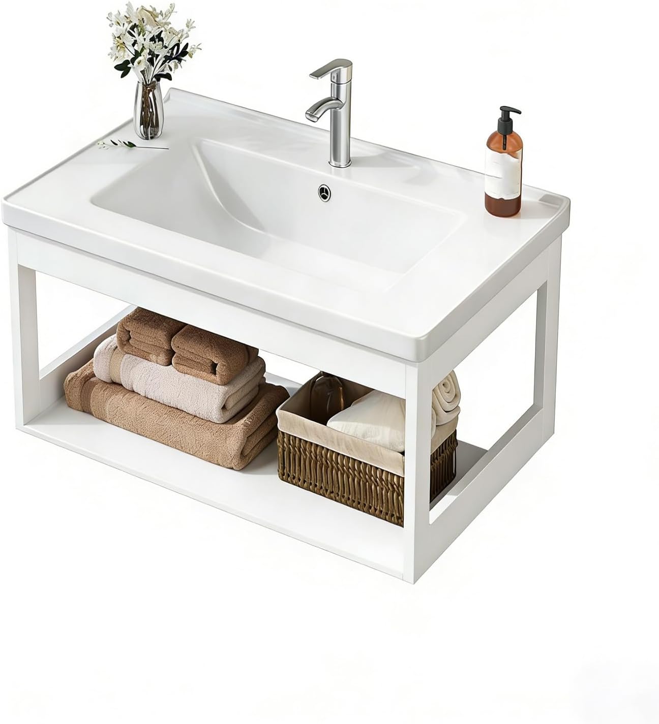 Modern Corner Bathroom Vanity，Easy-to-Clean Bathroom Sink Cabinet ，Floating Vanity Bathroom Vanity Open Shelf ，for Guest Baths Master Suites(31in)