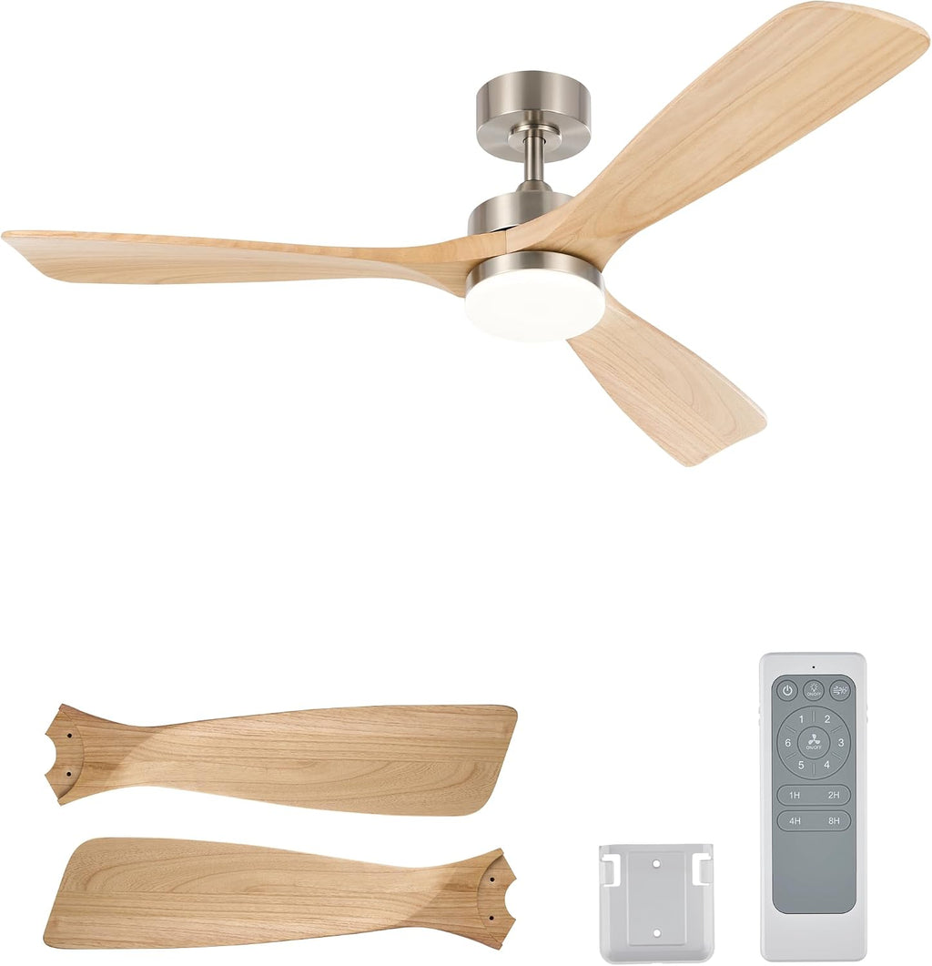 VONLUCE Wood Ceiling Fan with Lights, 52 Inch Ceiling Fan and Remote, 6 Speed Reversible Noiseless DC Motor, 3CCT, Solid Wood Outdoor Ceiling Fan for Patios Farmhouse, Nickel