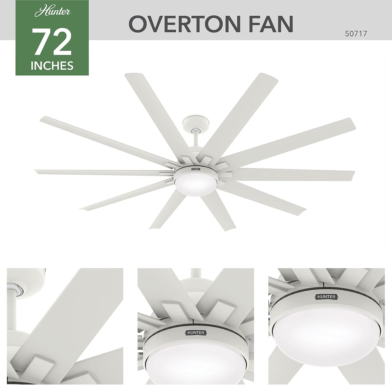 Hunter 72 inch Outdoor or Indoor Ceiling Fan with LED Light - White Ceiling Fan with Wall Control, For Patio, Garage, or Porch, Quiet, Standard Mount, 10 Blades - Overton 50717, Matte White