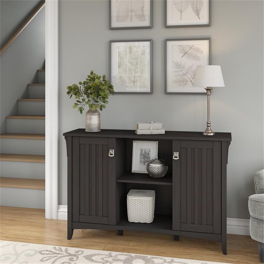 Pemberly Row Farmhouse Engineered Wood Storage Cabinet with Doors, Black Finish, 29.96' H x 46.22' W x 12.76' D, Adjustable Shelves, Mission Style, Living Room, Entryway or Home Office Organization