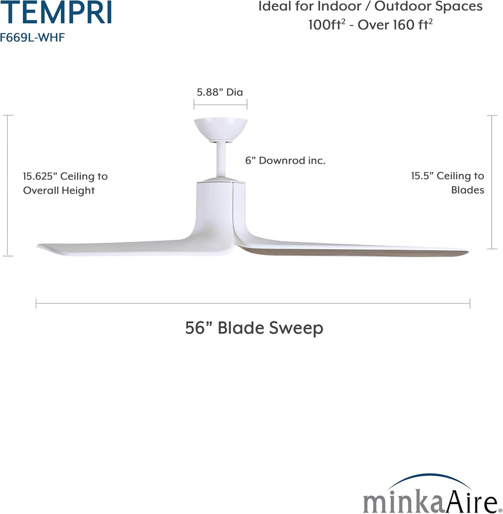 MINKA-AIRE F669L-WHF/AO Tempri 56' 3-Blade LED Indoor/Outdoor Ceiling Fan in Flat White and Aged Oak Finish Blades with Etched Lens