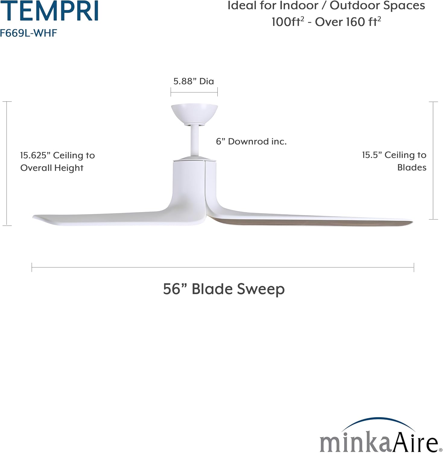 MINKA-AIRE F669L-WHF/AO Tempri 56' 3-Blade LED Indoor/Outdoor Ceiling Fan in Flat White and Aged Oak Finish Blades with Etched Lens