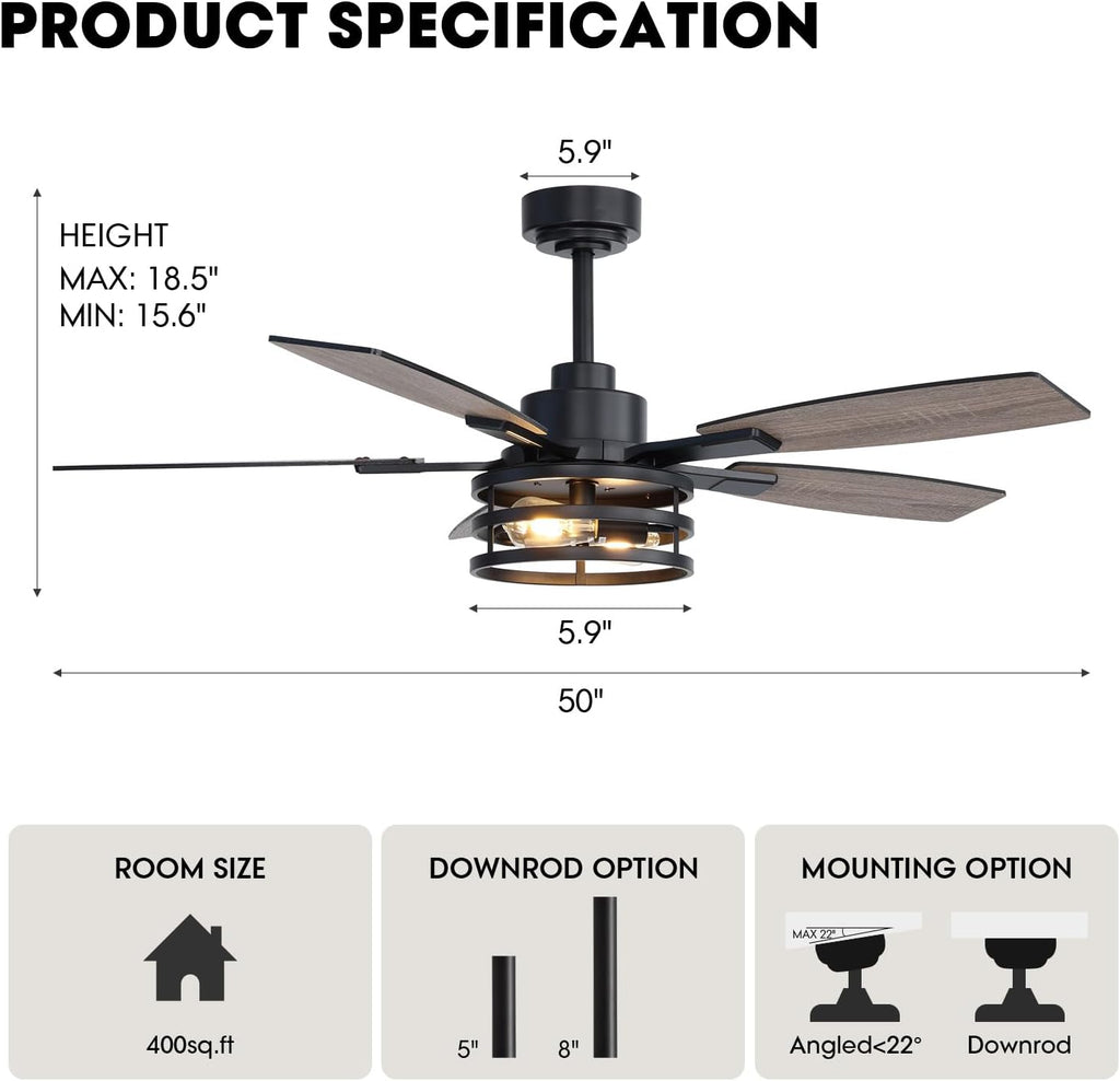 52 Inch Ceiling Fans with Lights and Remote Control, Farmhouse Ceiling Fan for Bedroom Living Room and Patio, Black Caged Ceiling Fan for Indoor and Outdoor