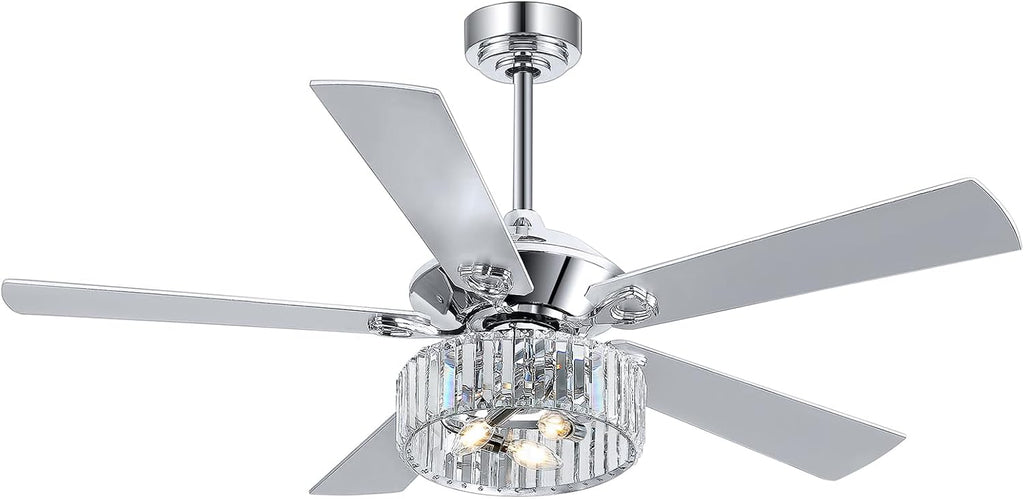 52' Ceiling Fan with Crystal Light Remote Control, 5 Reversible Blades, Quiet DC Motor, 6-Speed, Timer, Modern Crystal Caged Ceiling Fan Chandelier for Bedroom Living Room, Chrome