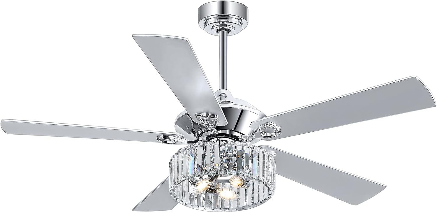 52' Ceiling Fan with Crystal Light Remote Control, 5 Reversible Blades, Quiet DC Motor, 6-Speed, Timer, Modern Crystal Caged Ceiling Fan Chandelier for Bedroom Living Room, Chrome