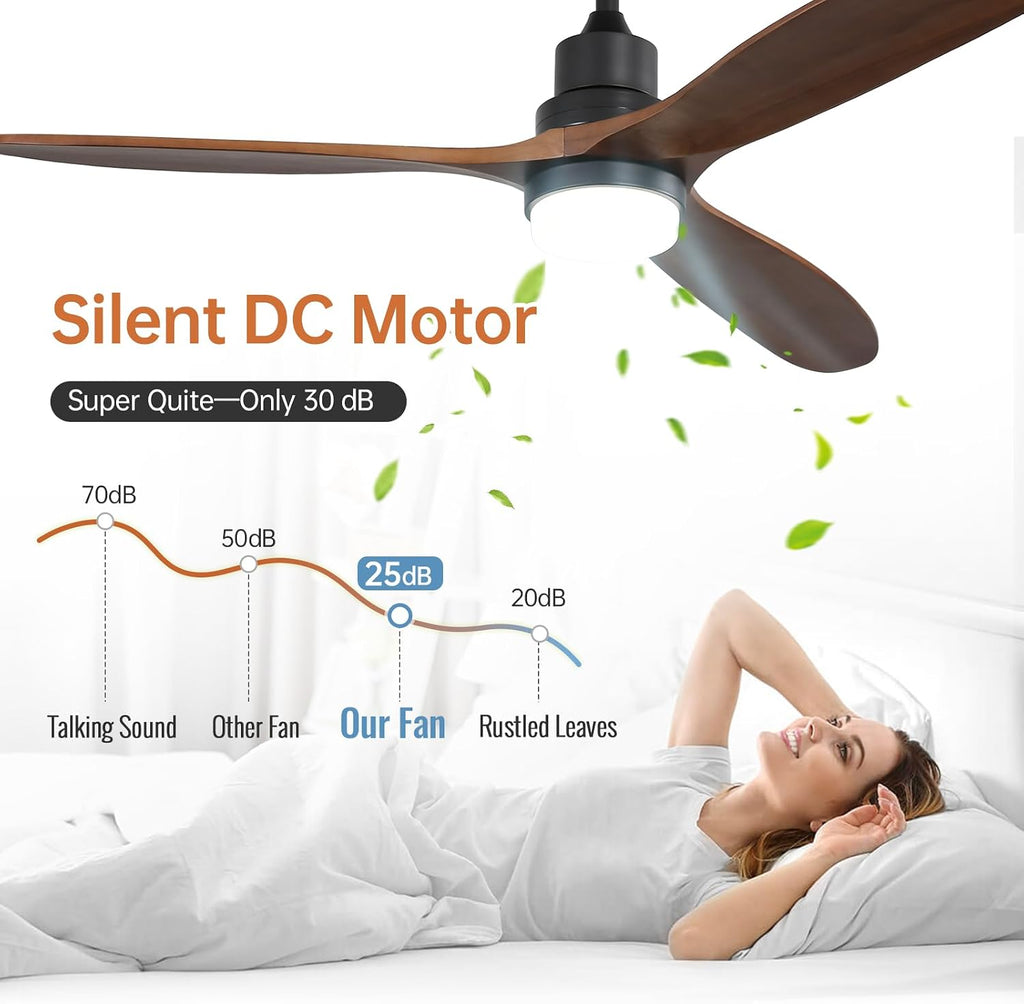 Sofucor 60 Inch Ceiling Fan with Lights Remote Control Walnut Blades Dimmable Light Reversible DC Motor Modern Wood Ceiling Fans for Kitchen, Bedroom, Basement, Dining, Living Room Matte Black