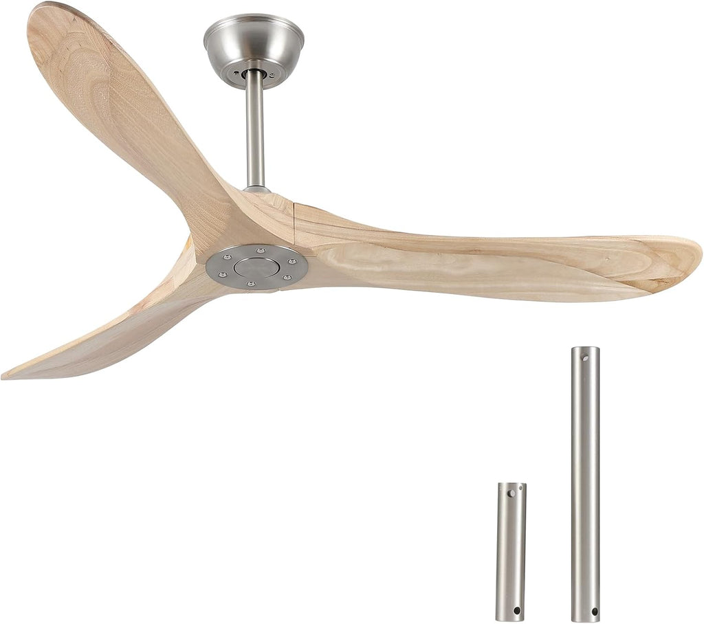 52' Modern Ceiling Fan, No Light, 6-Speed, Reversible, Timed Shutdown, DC Motor, Natural Wood 3 Blade, Porch, Bedroom, Living Room