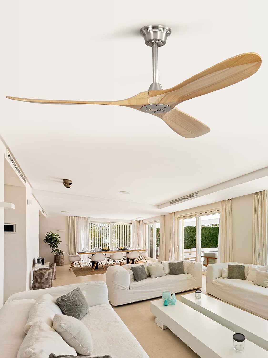 Sofucor 60 Inch Ceiling Fan no Light, Modern Wood Large Ceiling Fan with Remote and 3 Brushed Nickel Downrods, for Indoor Bedroom Living Room Outdoor Patio Porch, Reversible Quiet DC Motor