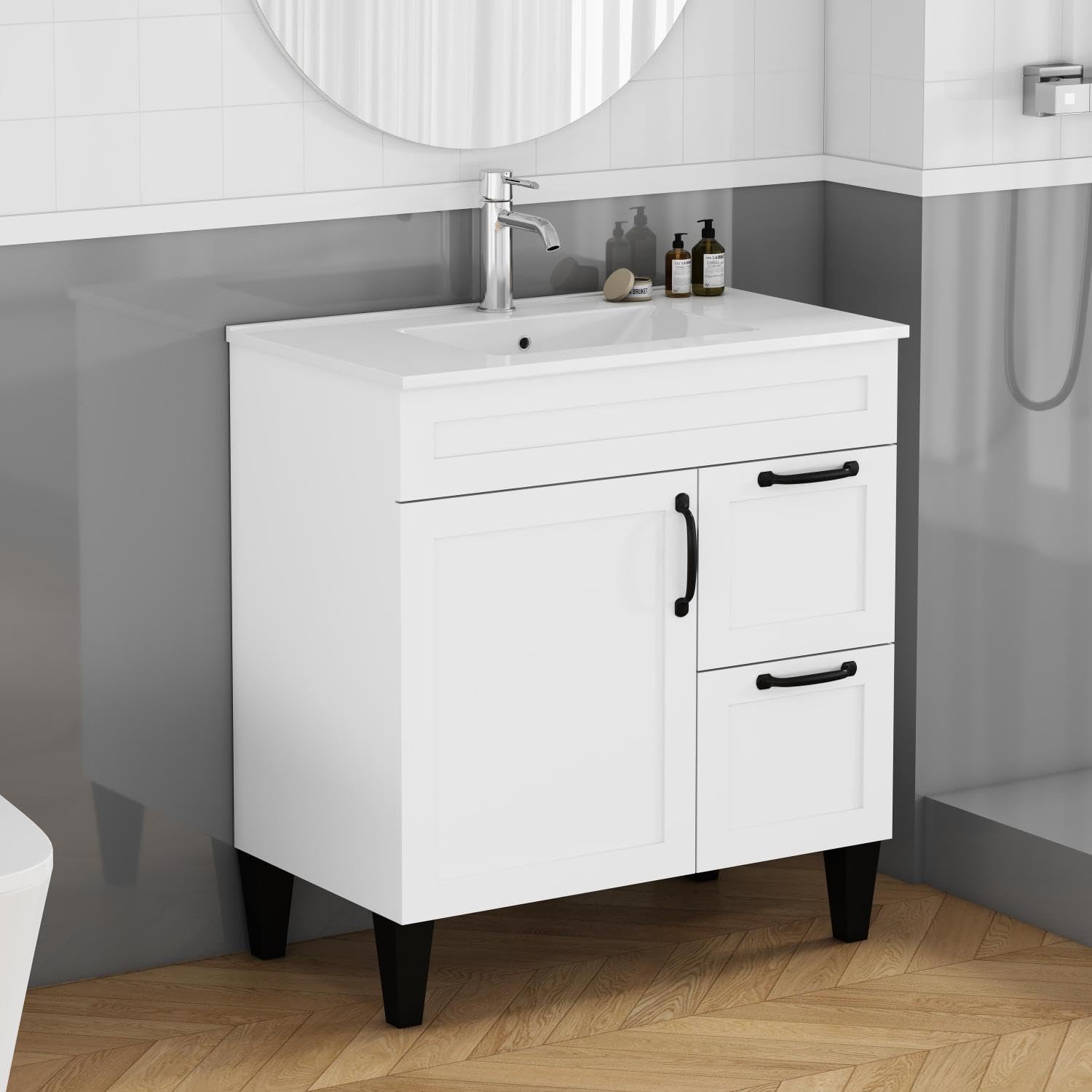 31.5-inch Bathroom Vanity with Sink Combo White Ceramic Basin Medium Bathrooms, Family Powder Rooms, En Suites Modern Upgrade