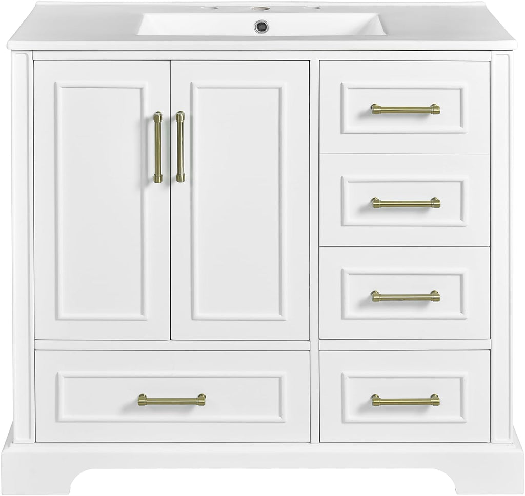 LUMISOL 36'' Bathroom Vanity with Ceramic Sink, Freestanding Vanity with Single Sink, Modern Bathroom Storage Cabinet with Soft Close Doors & Drawers for Guest Bath, Master Suite, Rental, White