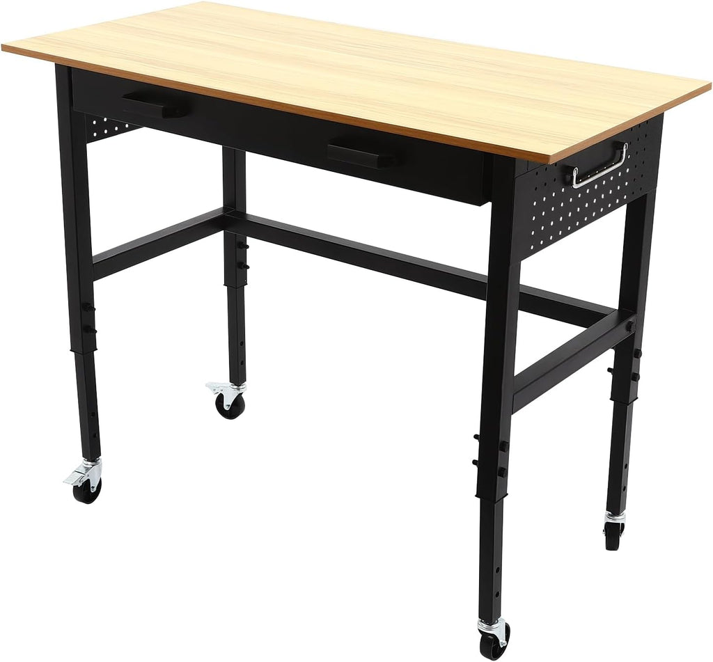 Adjustable Workbench with Power Outlets, 47' L X 24' W Hardwood Workbench Wood Work Station with Universal Wheels, Heavy-Duty Work Benches for Garage Party Shop Office