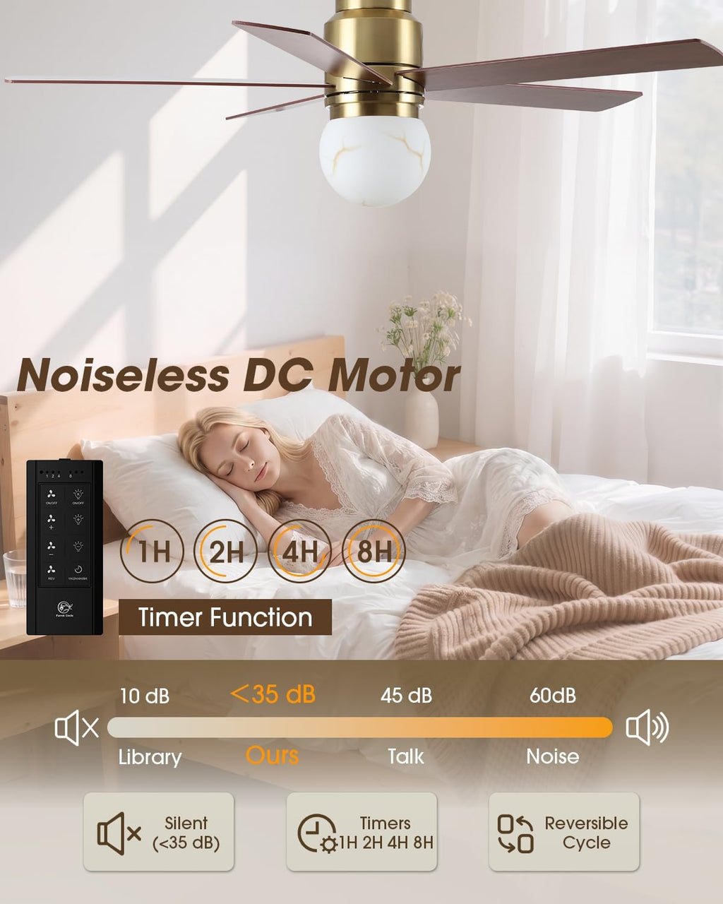 Parrot Uncle Flush Mount Ceiling Fan with Lights, 52 Inch Gold Ceiling Fan with Remote for Bedroom Living Room Kitchen, 6 Speeds, 3 CCT LED Light,Timing and Memory Function, 5 Blades