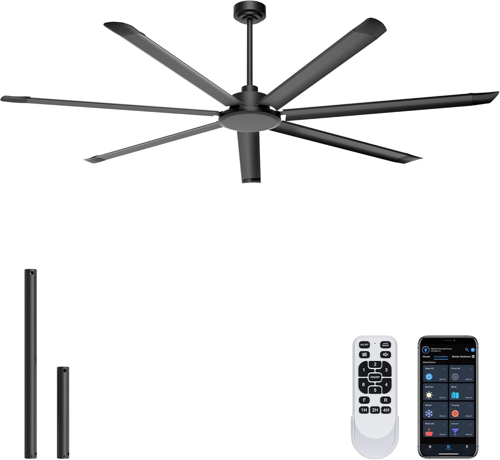 Ohniyou 84'' Ceiling Fan No Light, Black Industrial Ceiling Fan with Remote/APP, Aluminum Blades, 11000 CFM DC Motor for Shop, Warehouse, Garage, Patios
