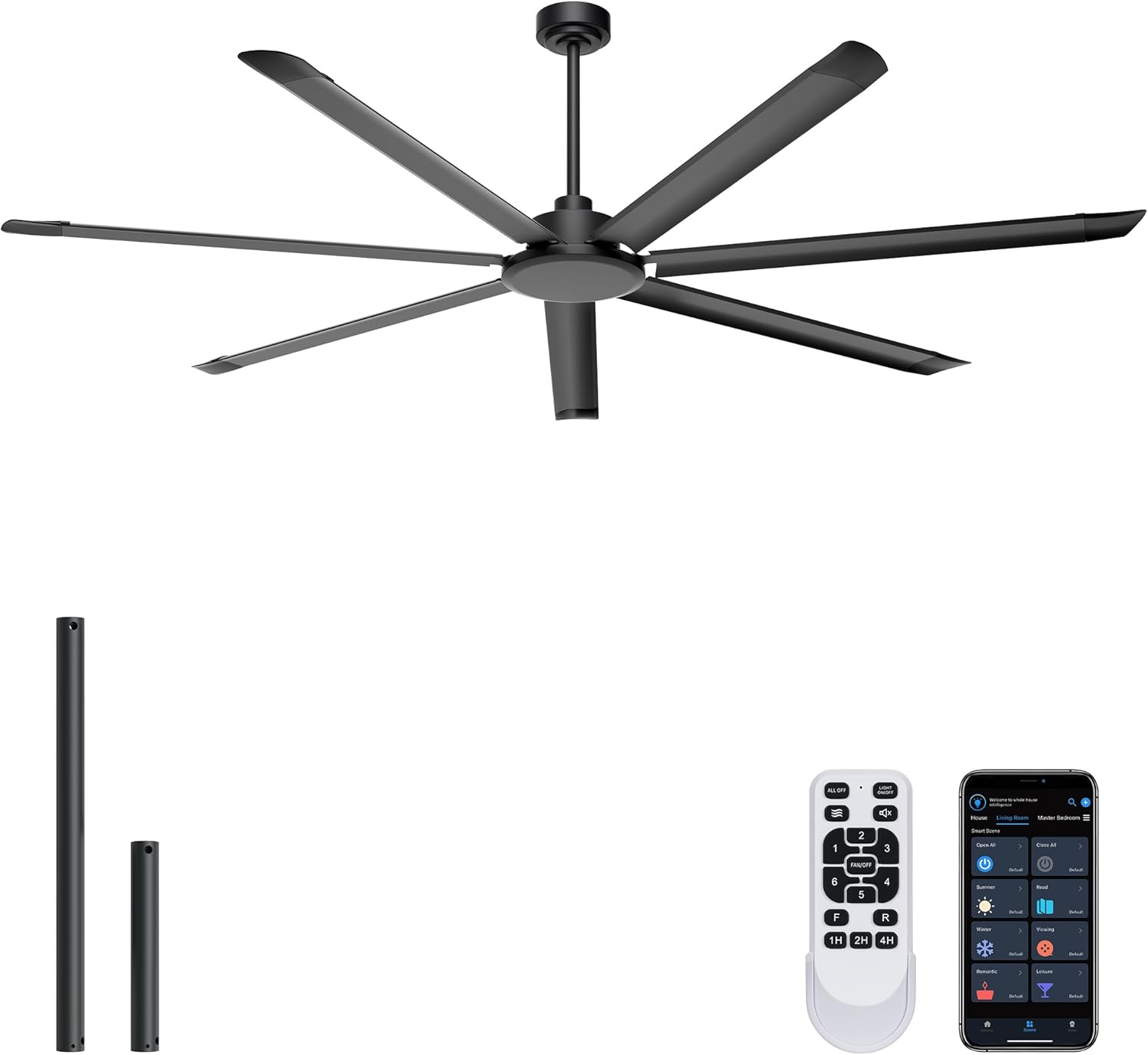 Ohniyou 84'' Ceiling Fan No Light, Black Industrial Ceiling Fan with Remote/APP, Aluminum Blades, 11000 CFM DC Motor for Shop, Warehouse, Garage, Patios
