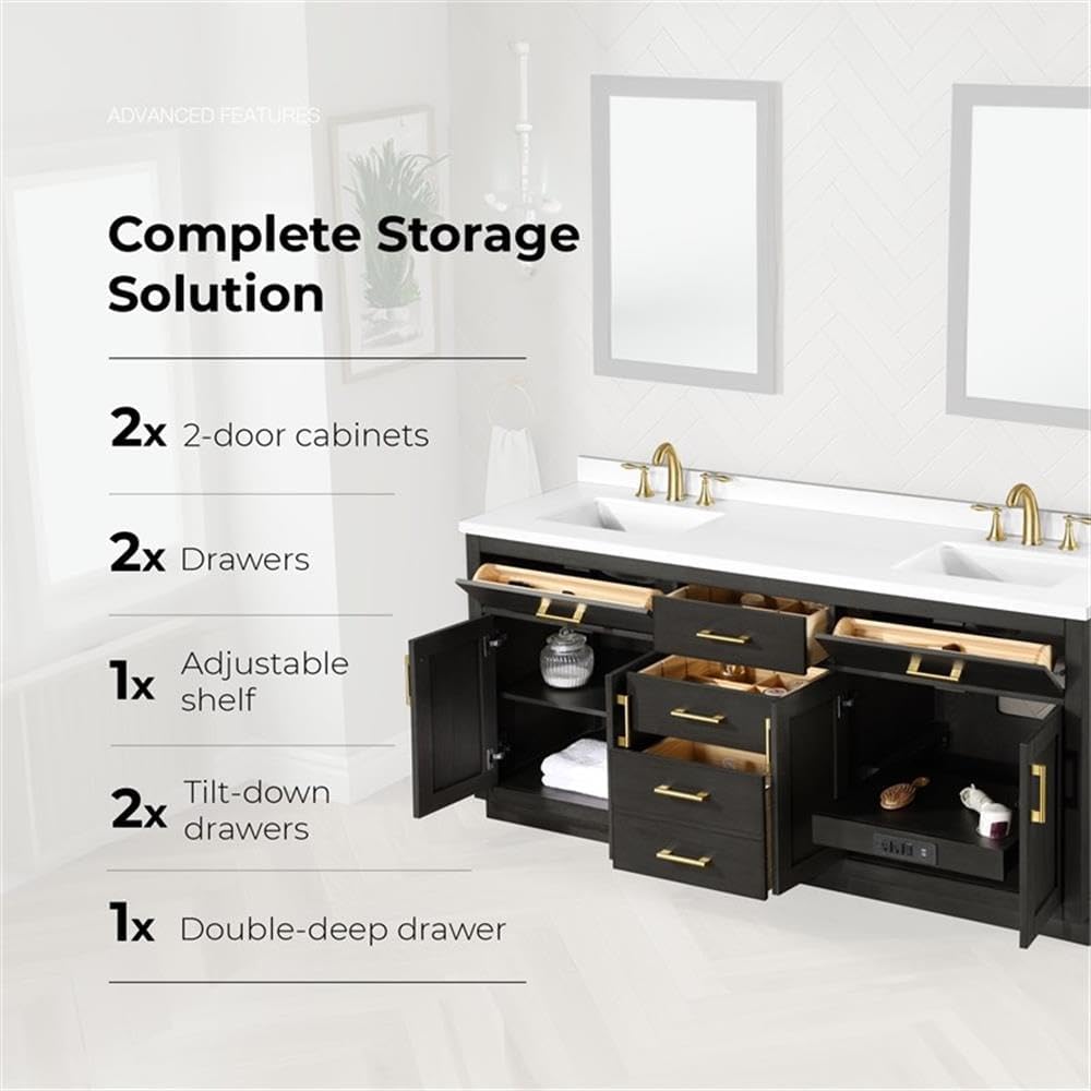 Pemberly Row 72' Double Bathroom Vanity, Matte Black Wood Finish, White Quartz Countertop with 2 Undermount Sinks, Soft-Close Storage, Shaker Style, Power Bar, Master or Guest Bathroom Use