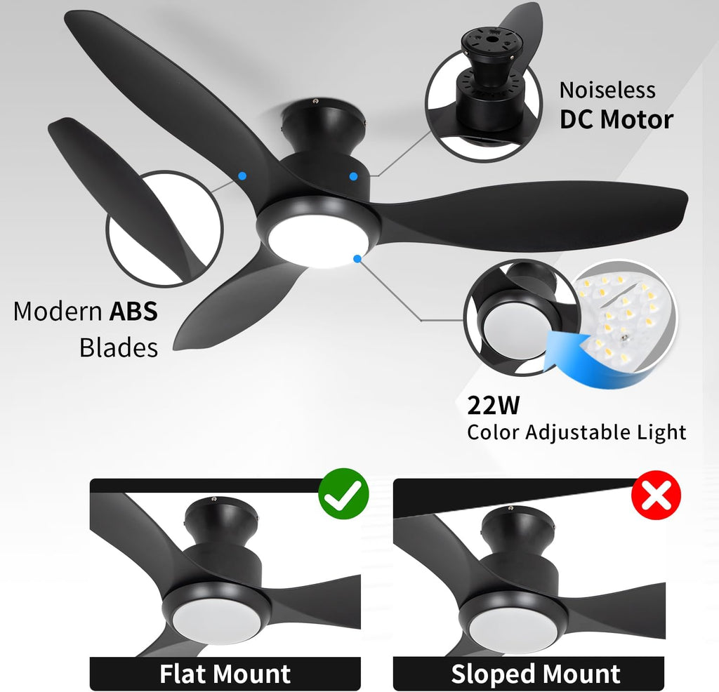 48' Ceiling Fan with Light and Remote, Black Flush Mount Ceiling Fan with 3 Blades,3 Color Dimmable Lights, 6 Speeds, Queit DC Motor, Memory Function, Indoor/Outdoor/Bedroom/Living Room/Patios, Black