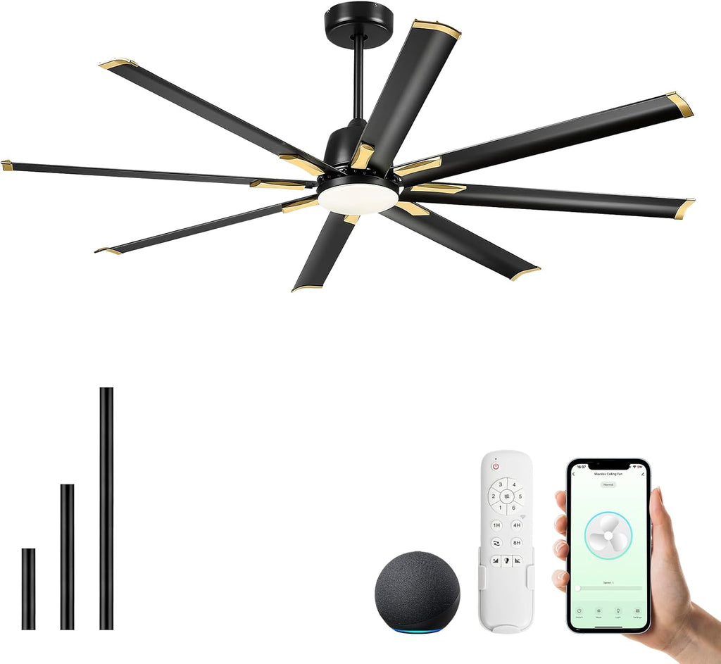 Minislak 72 Inch Ceiling Fan with Light,Industrial Ceiling Fan with 8 Aluminium Blades,Black Gold Smart Fan Compatible with Alexa,Garage Outdoor Indoor Fan for Patio and Living Room