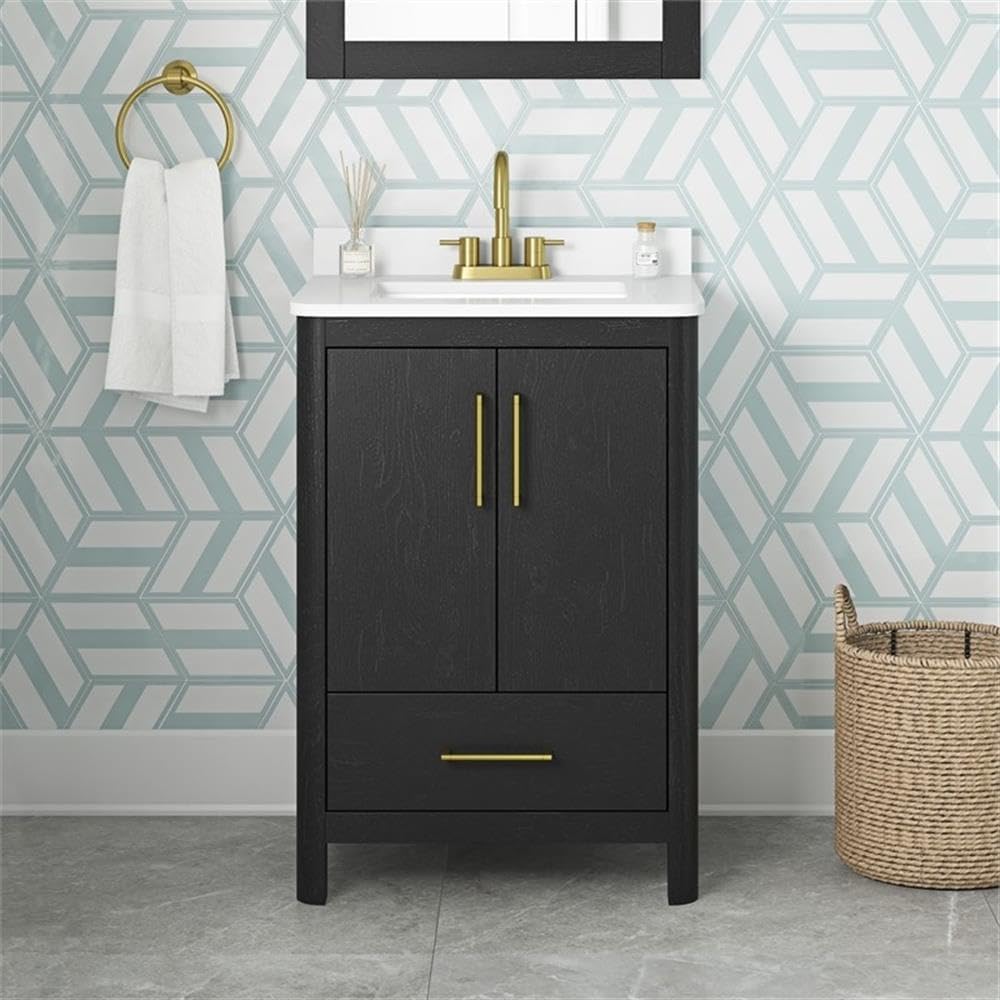 Pemberly Row 24' Bathroom Vanity, Matte Black Finish, Engineered Marble Countertop and Backsplash, Single Sink with Storage Cabinet and Drawer, Modern Freestanding Design for Small Bathroom or Guest