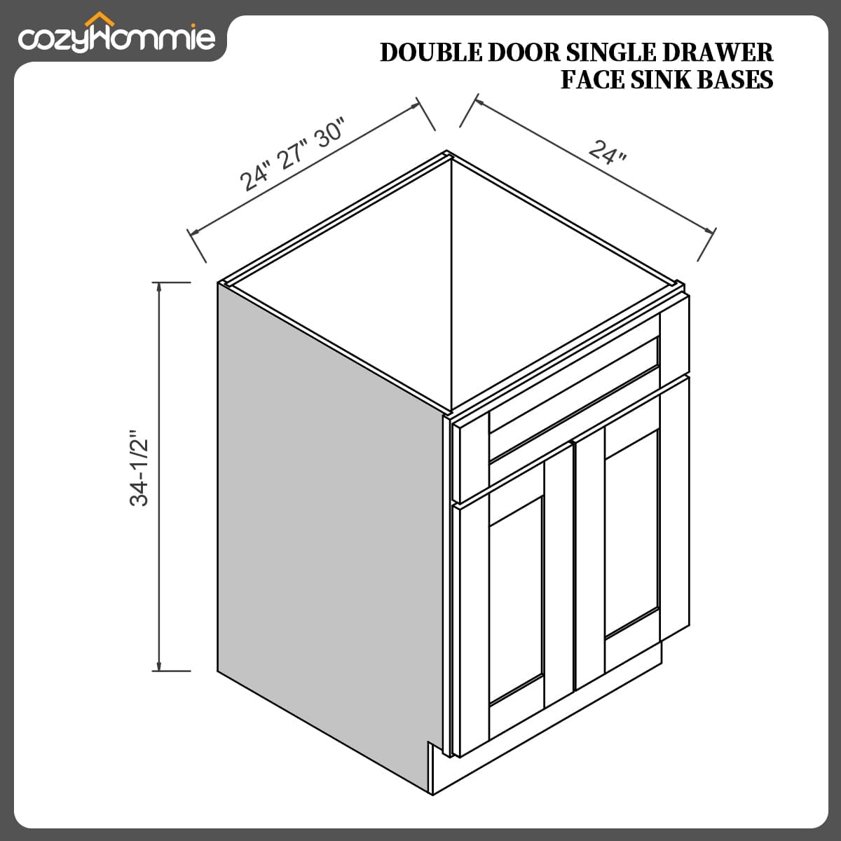 American Kitchen Sink Base - Solid Wood RTA Storage for Kitchen and Bathroom Upgrades - 2 Door Rat Cabinet (Grey, 30' Width x 24' Depth x 34-1/2' Height)