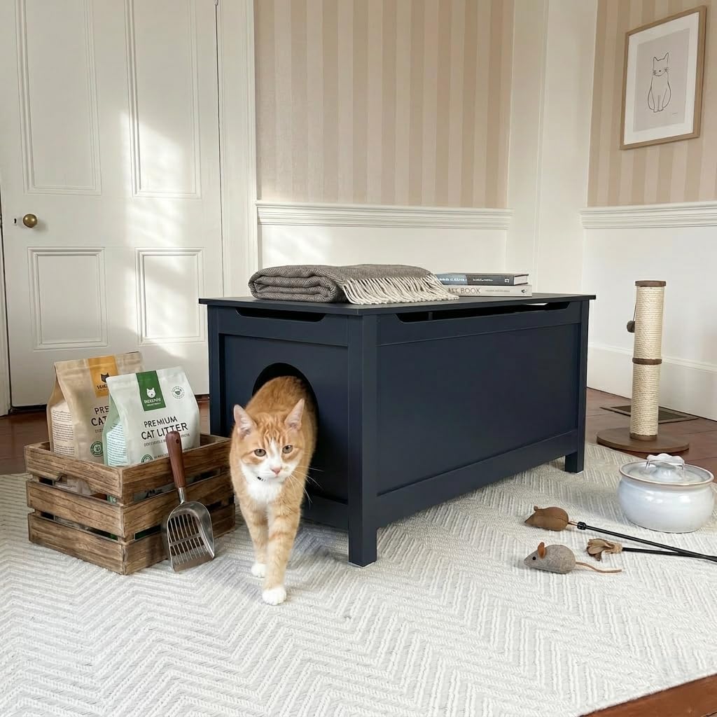 Parker Designer Catbox Modern Wood Cat Litter Box Enclosure Pet Furniture, Elegant, Odor Contained for Large Cats, Charcoal