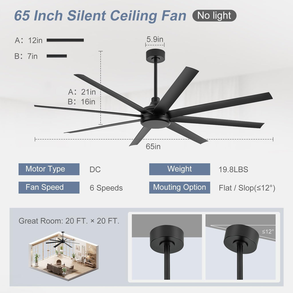 65 Inch Ceiling Fan No Light, Modern Ceiling Fan with Remote Control, Quite DC Motor 8 Reversible Blades Indoor Outdoor Industrial Ceiling Fan without Light For Living Room Bedroom Patio Garage-Black