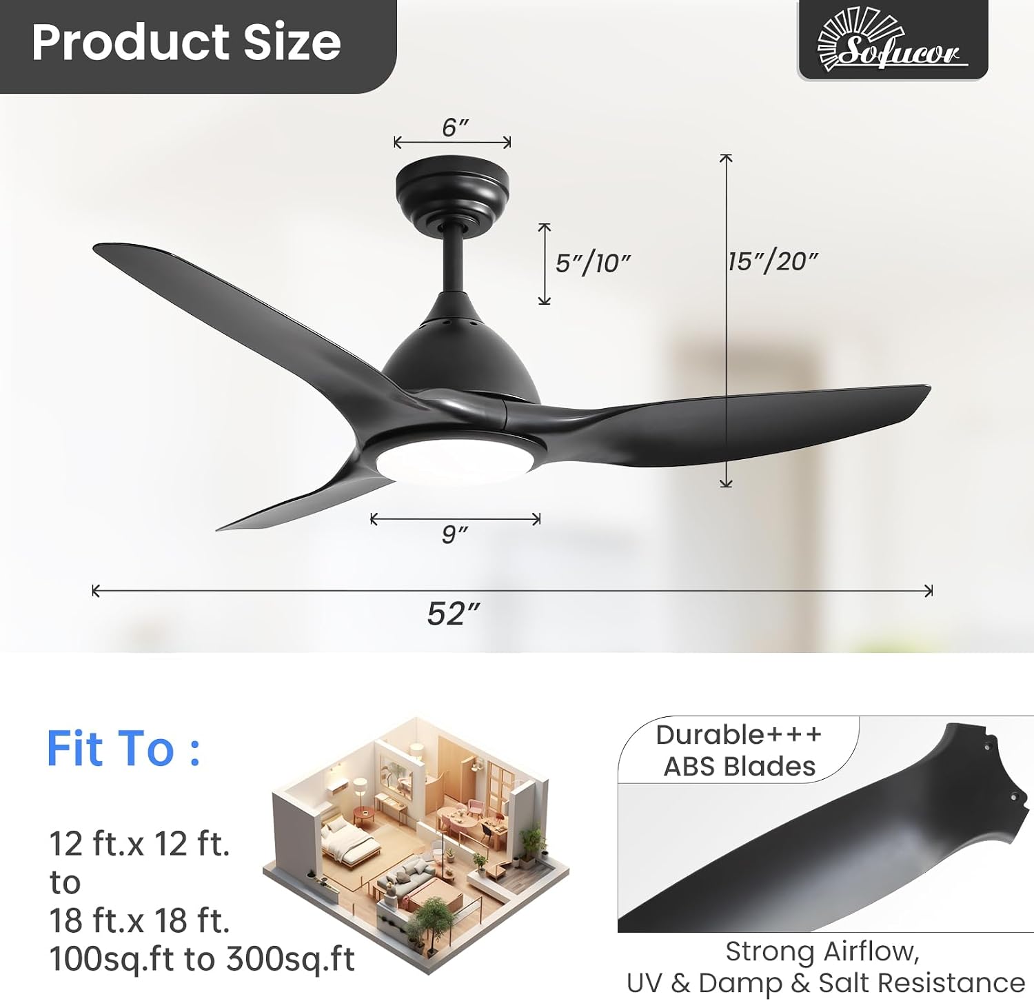 Sofucor 52 Inch Smart Ceiling Fan with Light, Modern Ceiling Fan with 3 Plastic Blade, Quiet, Dimmable, Compatible with Alexa/Google/App, 6 Speeds 7000CFM, Timer Quiet Reversible DC Motor, Black