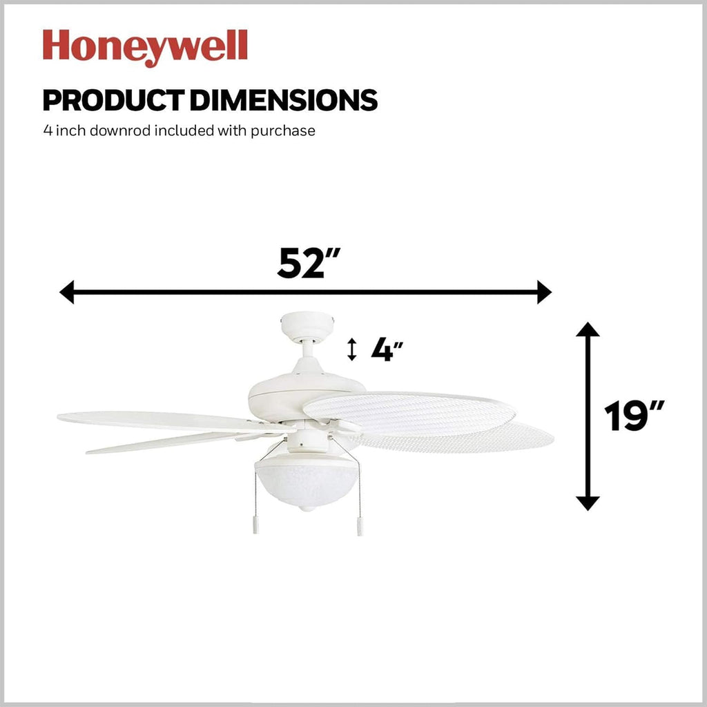 Honeywell Ceiling Fans Inland Breeze Tropical 52 Inch Indoor Outdoor Ceiling Fan with Light, Pull Chain, 5 Blades with Reversible Motor, White