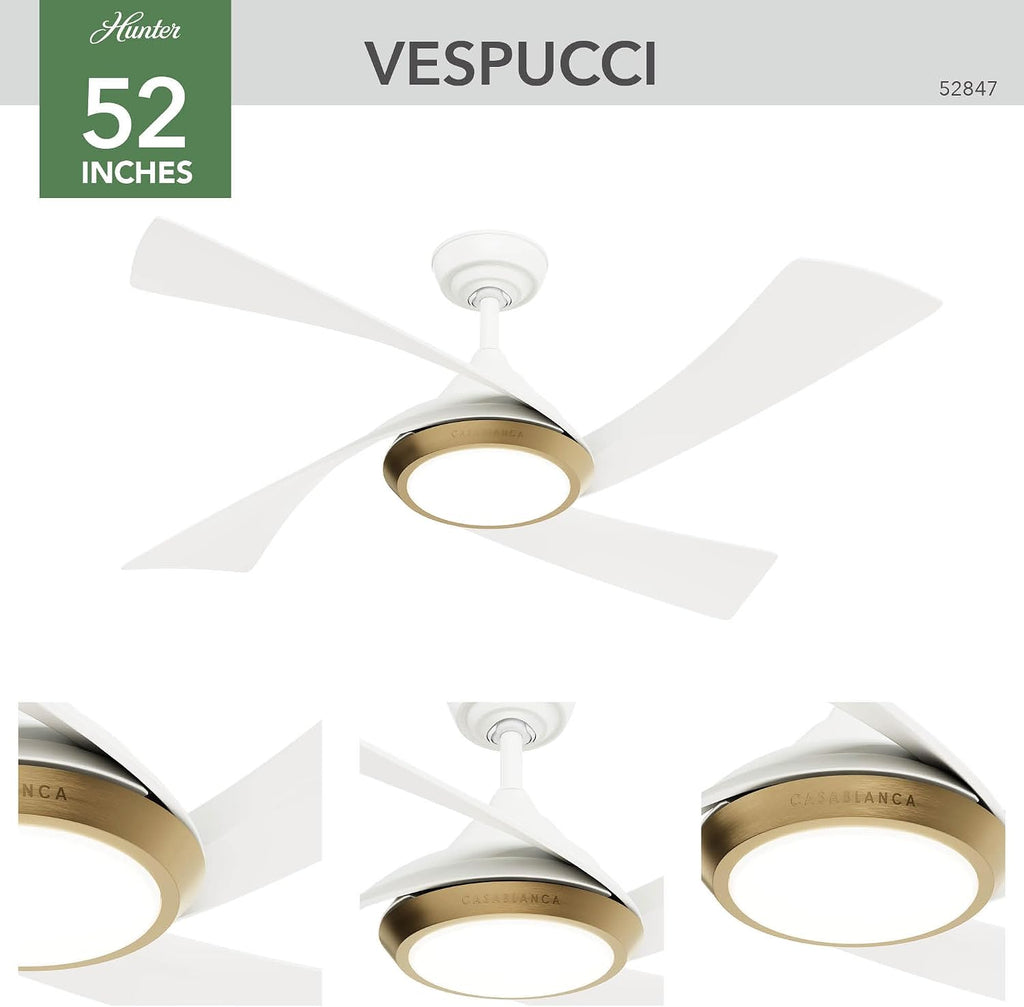 Casablanca - Vespucci Indoor/Outdoor Ceiling Fan With Light, Remote, 52-inch, Fresh White, Modern-style, 6-speed DC Motor, Energy Star, 52847, for porches, patios, sunrooms, bathrooms