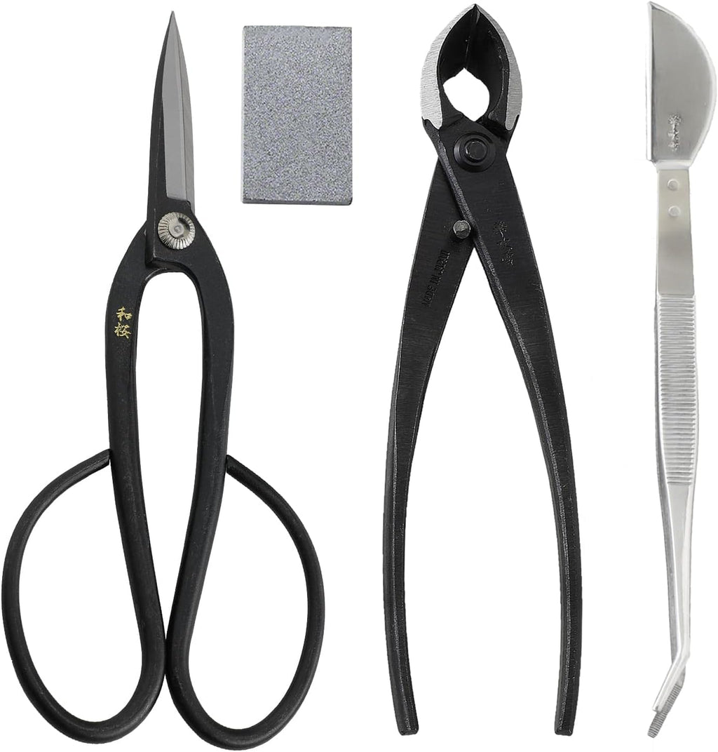 Wazakura 4PCS Bonsai Essential Tool Kit MADE IN JAPAN, Yasugi Steel Ashinaga Scissors + Concave Branch Cutter 8in (200mm) + Stainless Tweezers + Sap Eraser Set