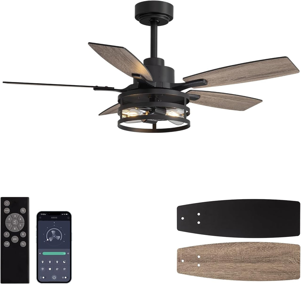 42 Inch Flush Mount Ceiling Fans with Lights and Remote Control, Farmhouse Ceiling Fan with LED Lighting for Bedroom Living Room and Patio, Black Caged Ceiling Fan for Indoor and Outdoor(NO Bulbs)