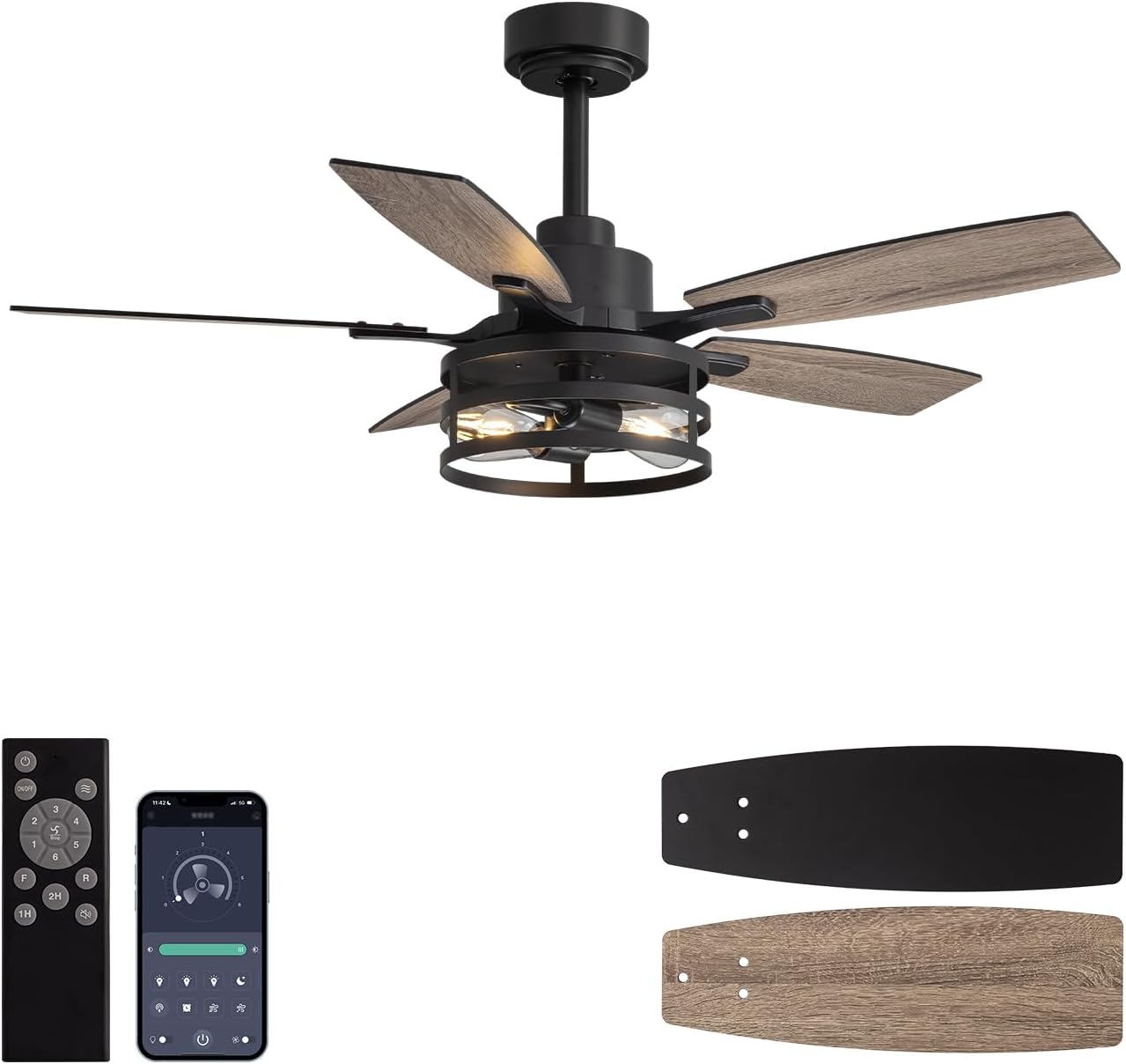 42 Inch Flush Mount Ceiling Fans with Lights and Remote Control, Farmhouse Ceiling Fan with LED Lighting for Bedroom Living Room and Patio, Black Caged Ceiling Fan for Indoor and Outdoor(NO Bulbs)
