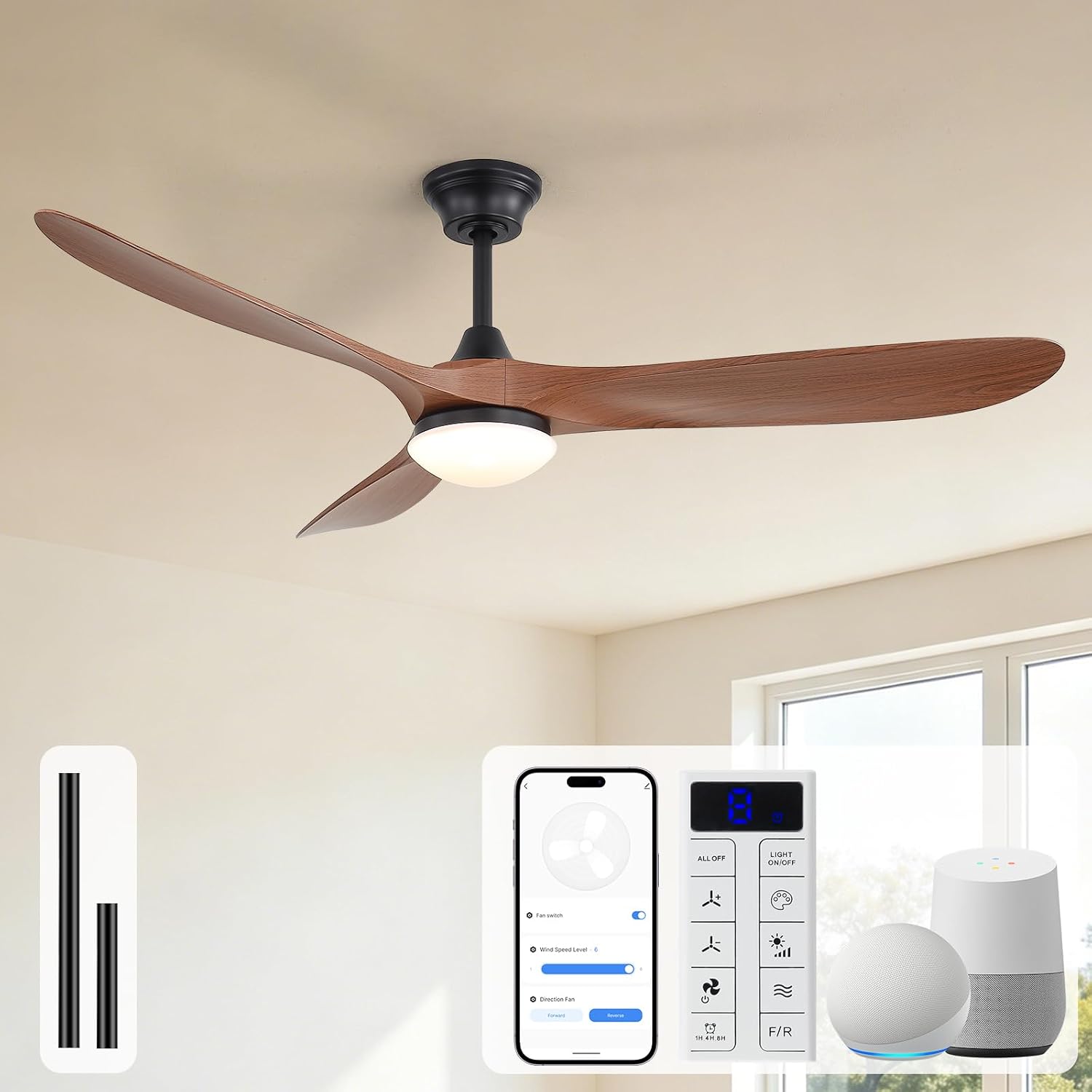 Sofucor 60 Inch Smart Ceiling Fans with Lights-Outdoor Modern Smart Ceiling Fan with Alexa/Google/APP/Remote Control, Reversible Quiet DC Motor, ABS Blade Ceiling Fan for Living Room/Farmhouse/Patios