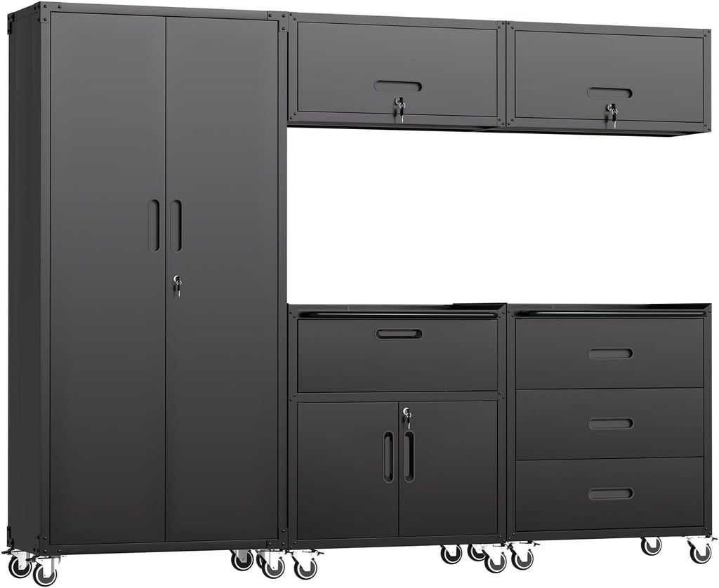 5 PCS Garage Storage Cabinets System Heavy Duty Workshop Set with Drawers Locking Rolling Cart with Adjustable Shelves Garage Tool Workbench Cabinets (5 PCS-2,Black)