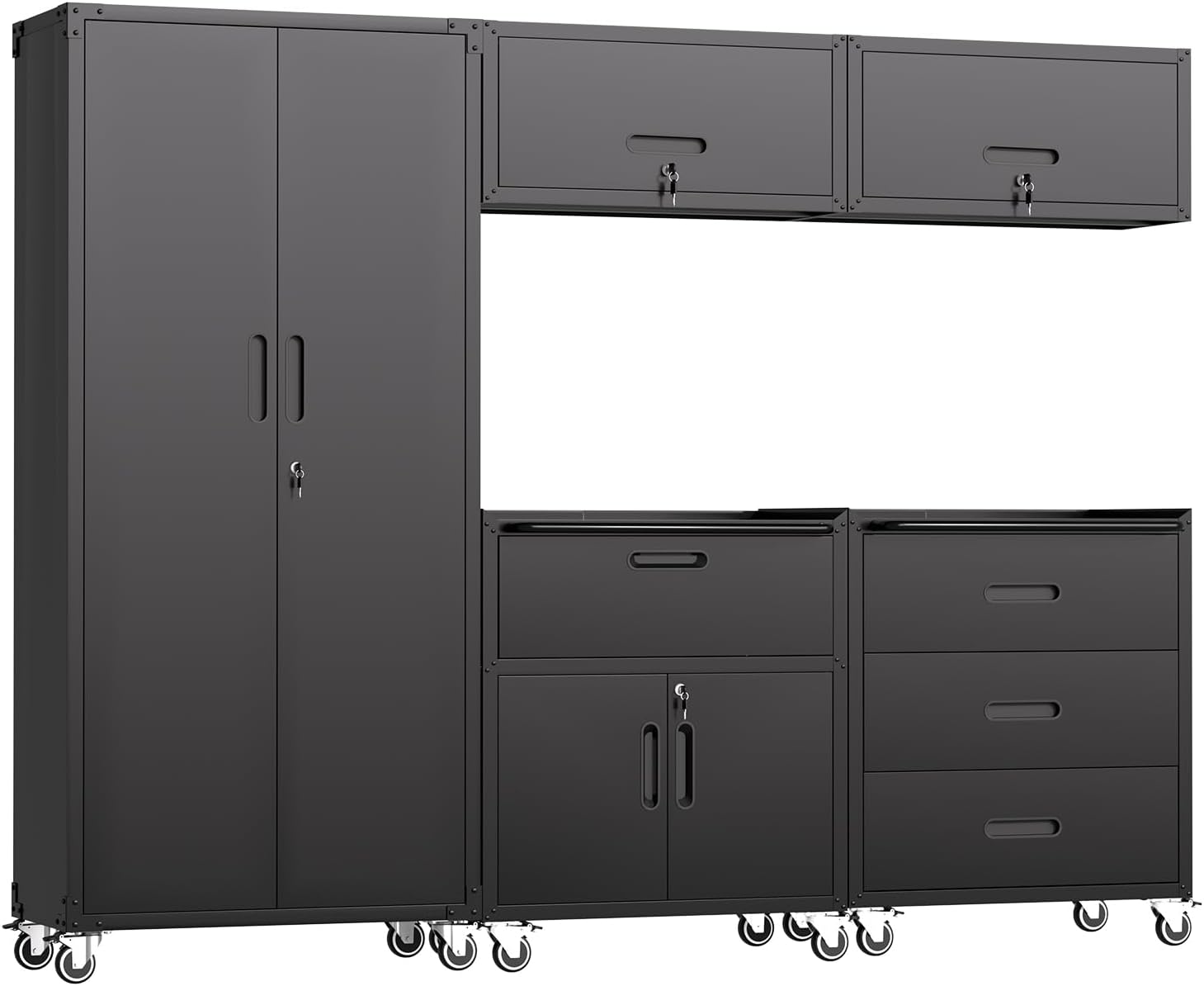 5 PCS Garage Storage Cabinets System Heavy Duty Workshop Set with Drawers Locking Rolling Cart with Adjustable Shelves Garage Tool Workbench Cabinets (5 PCS-2,Black)
