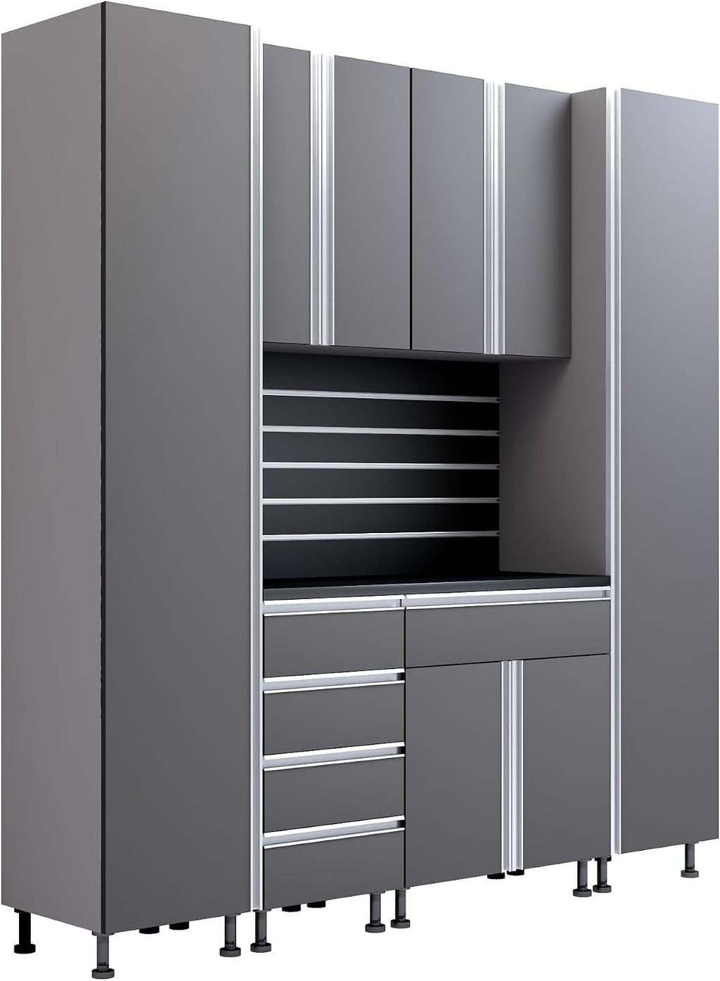 Premium Garage Cabinets 7' Storage Sets Solution with Adjustable Legs, Soft-Close Drawer & Door, Integrated Handles, Heavy Duty Plywood Box Construction, Tool and Equipment Organizer (Combo 7CS-011A)