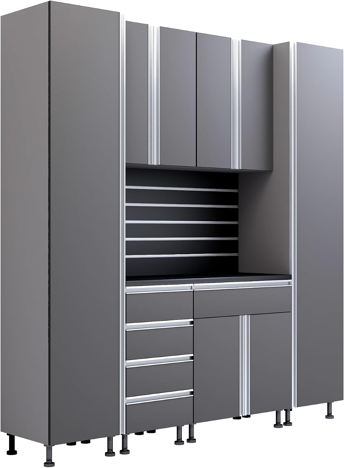 Premium Garage Cabinets 7' Storage Sets Solution with Adjustable Legs, Soft-Close Drawer & Door, Integrated Handles, Heavy Duty Plywood Box Construction, Tool and Equipment Organizer (Combo 7CS-011A)