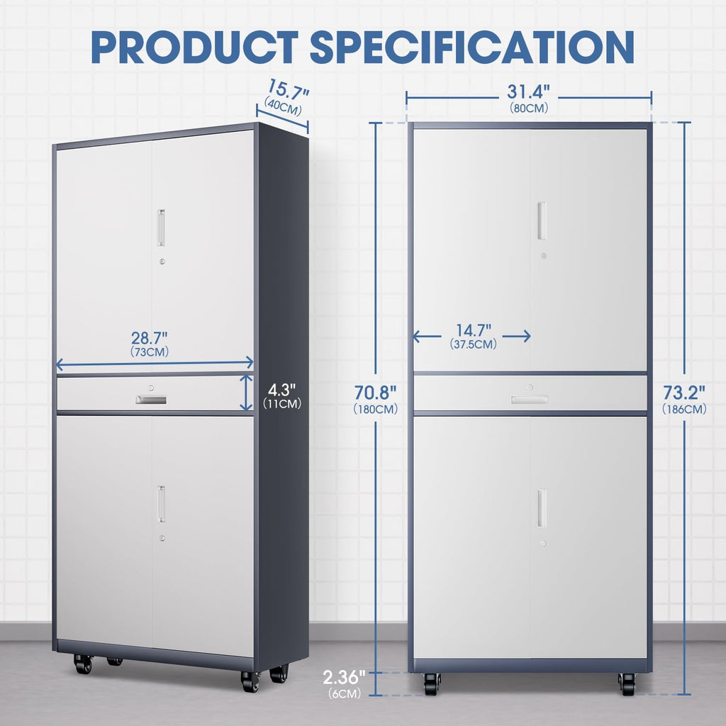 DNA Motoring 73'' Metal Storage Cabinet, Rolling Garage Cabinet with 1 Drawer and Adjustable Shelves, Lockable Heavy Duty Metal Locker for Garage,Office,Home,Gray White, TOOLS-00630-GY-WH-A