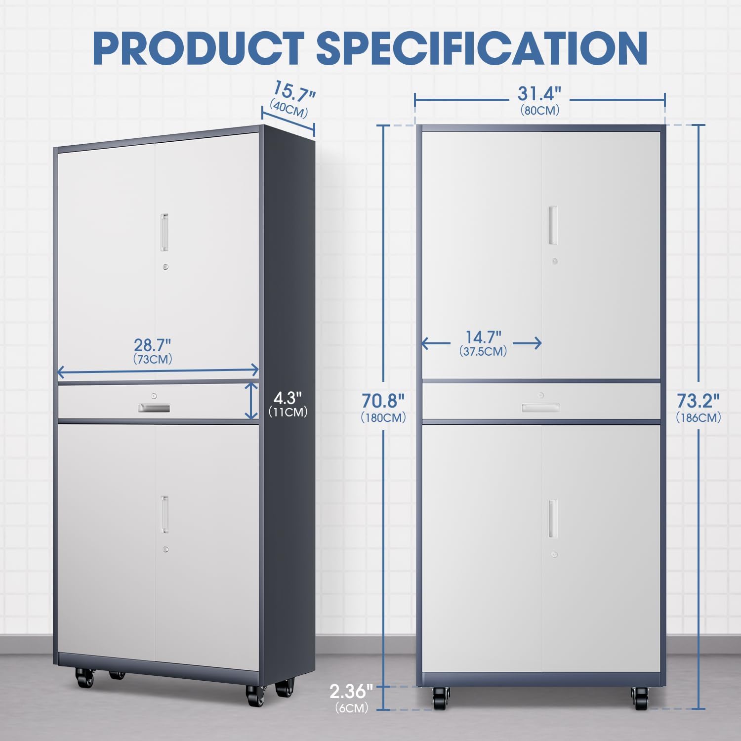 DNA Motoring 73'' Metal Storage Cabinet, Rolling Garage Cabinet with 1 Drawer and Adjustable Shelves, Lockable Heavy Duty Metal Locker for Garage,Office,Home,Gray White, TOOLS-00630-GY-WH-A