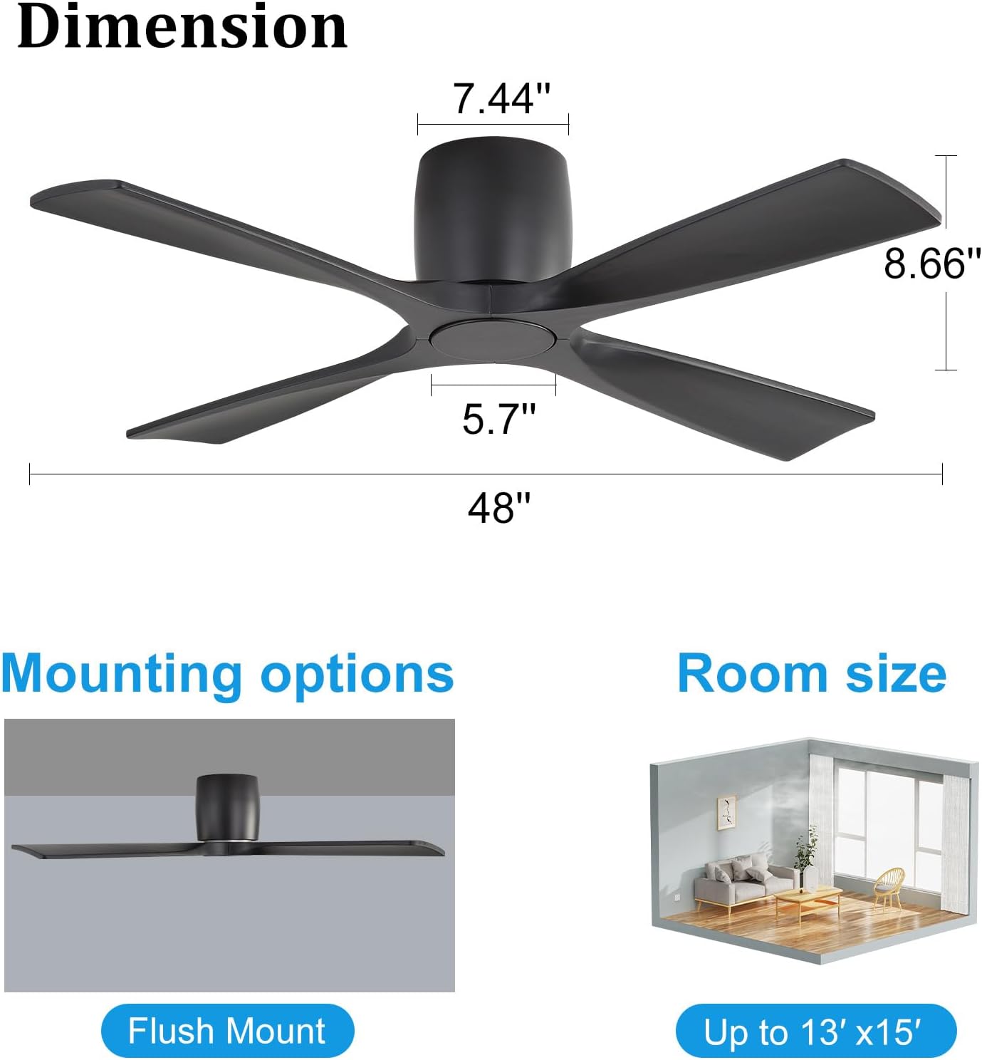 WINGBO 48 Inch Ceiling Fan Without Light,Solid Wood Flush Mount Ceiling Fan with Remote Control, Reversible DC Motor, 4 Blades, 6-Speed Quiet Performance, for Bedroom & Living Room, Black