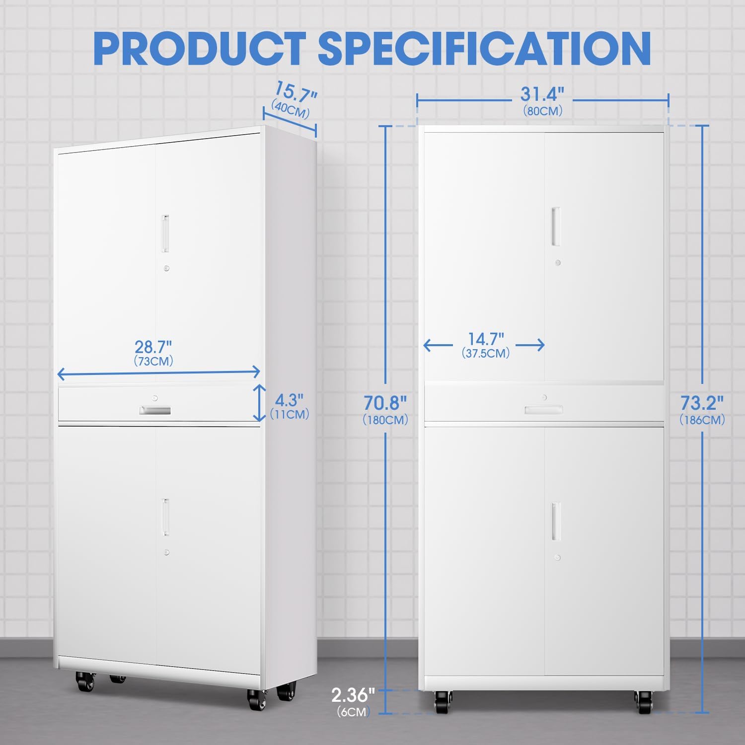 DNA Motoring Metal Storage Cabinet, 73'' Rolling Garage Cabinet with 1 Drawer and Adjustable Shelves, Lockable Cabinet Heavy Duty Utility Cabinet for Garage,Office,Home,Gym, White, TOOLS-00630-WH-WH