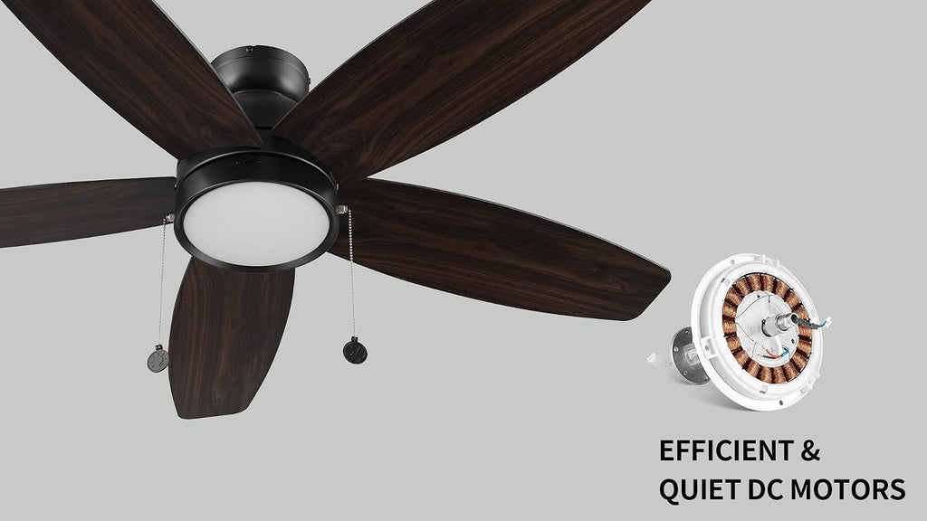 SMAAIR Pull Chain Ceiling Fans with Lights for Bedroom, 52' Low Profile Modern Ceiling Fan with Light, Flush Mount, 3 Blades, Dimmable, DC Motor, Indoor Use,Wooden/Walnut