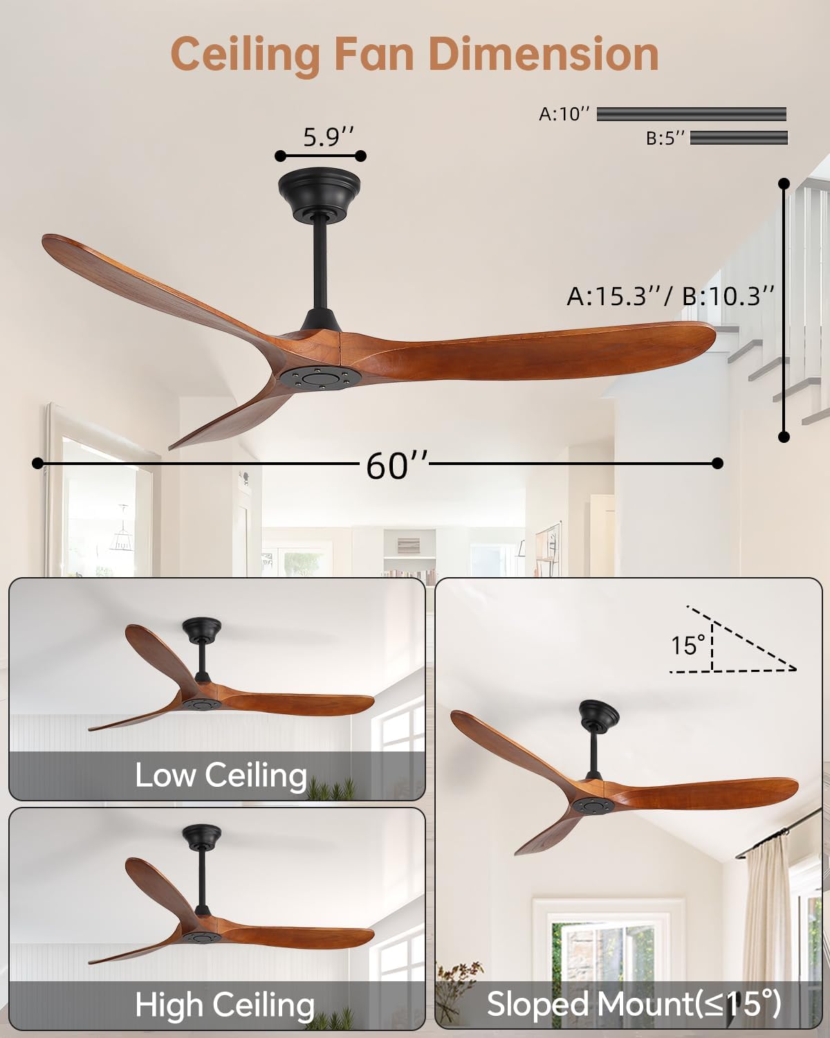 Sofucor 60 Inch Smart Ceiling Fans without Lights-Outdoor Modern Smart Ceiling Fan with Alexa/Google/APP/Remote Control, Reversible Quiet DC Motor,Wood Blade Ceiling Fan for Living Room/Farmhouse