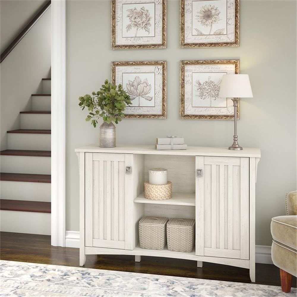 Pemberly Row Farmhouse Engineered Wood Storage Cabinet, Antique White Finish, 2 Doors, Adjustable Shelves, Tumbled Pewter Hardware, 46 in W x 13 in D x 30 in H, Living Room or Home Office Storage
