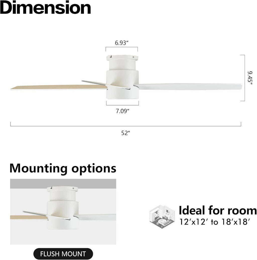WINGBO 52' Flush Mount DC Ceiling Fan without Lights, 4 Reversible Blades, Ultra Quiet 6-Speed DC Motor, Hugger Low Profile Indoor Ceiling Fan No Lights, White Finish