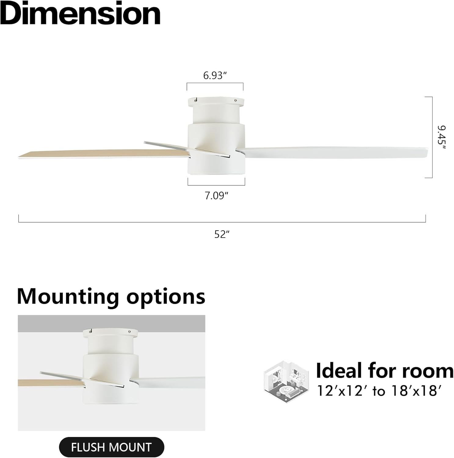 WINGBO 52' Flush Mount DC Ceiling Fan without Lights, 4 Reversible Blades, Ultra Quiet 6-Speed DC Motor, Hugger Low Profile Indoor Ceiling Fan No Lights, White Finish