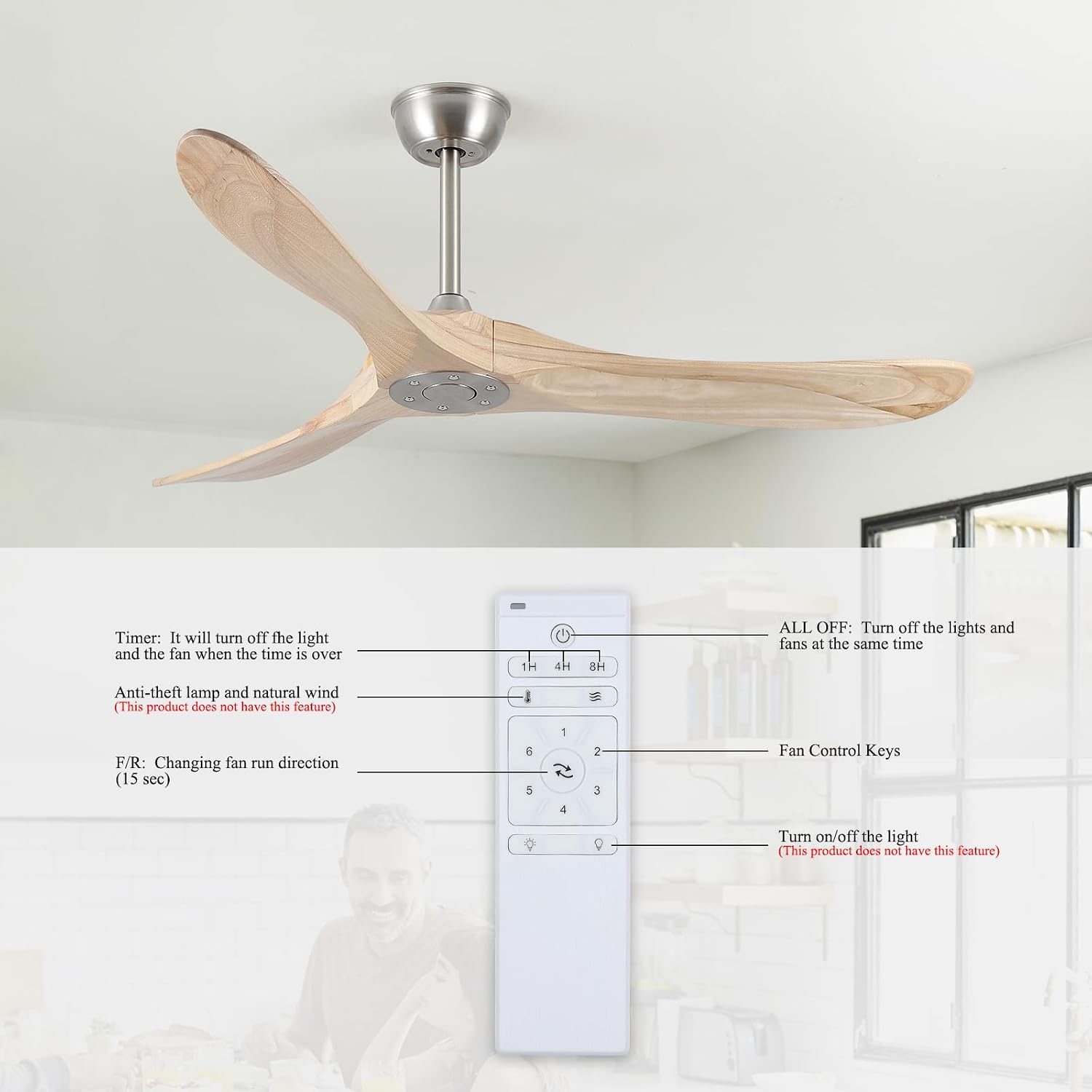 52 Inch Ceiling Fan with Remote Control, Solid Wood, 6-Speed DC Motor, 3 Reversible Natural Wooden Blades, 1/4/8 Hour Timer, Quiet & Energy Efficient for Indoor/Outdoor Use